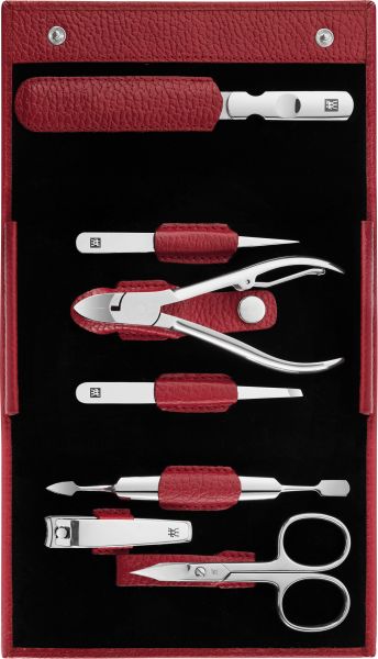 ZWILLING Maniküre und Pediküre Set Classic INOX Reise Etui Set Nagelpflege Leder 7-teilig Rot