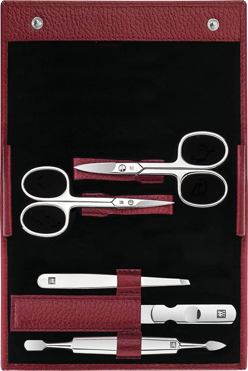 ZWILLING Maniküreset 5-teilig für Nagelpflege Druckknopf, aus mit Rindleder und Pediküre Rot