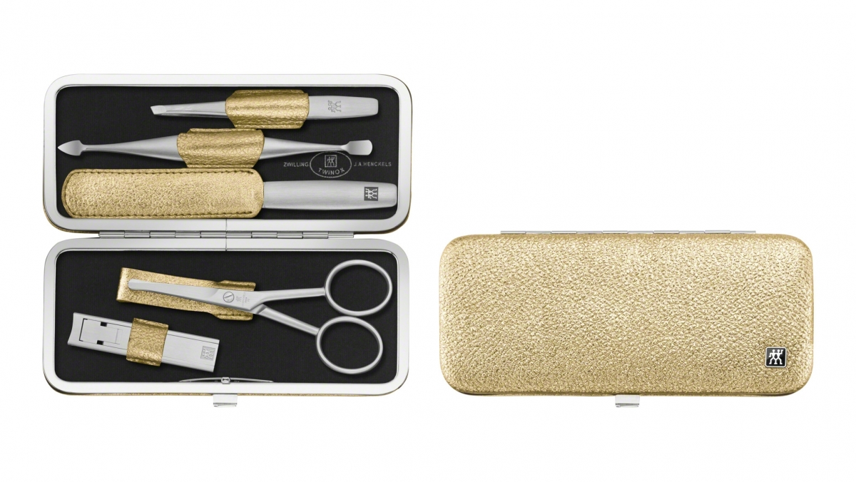 TWINOX Rahmen-Etui,5-tlg. mit Nagelknipser Manicure-Set Nasenhaarschere, Gold Zwilling
